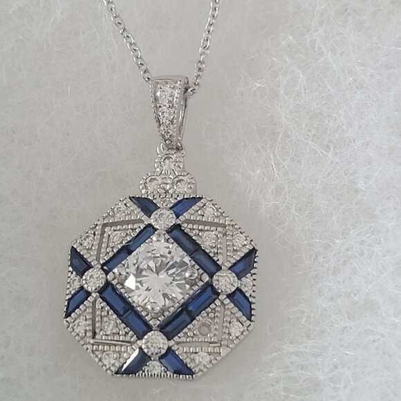 NWT-Silver Sapphire CZ Necklace-Silver 16" Chain Beautiful Piece! -Read Descript - Picture 1 of 9
